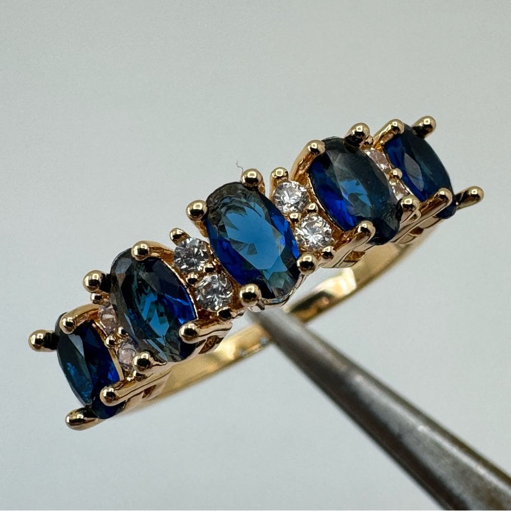 Sapphire Blue Diamond White CZ Half Eternity Band Ring Gold Glam Bling Accent
